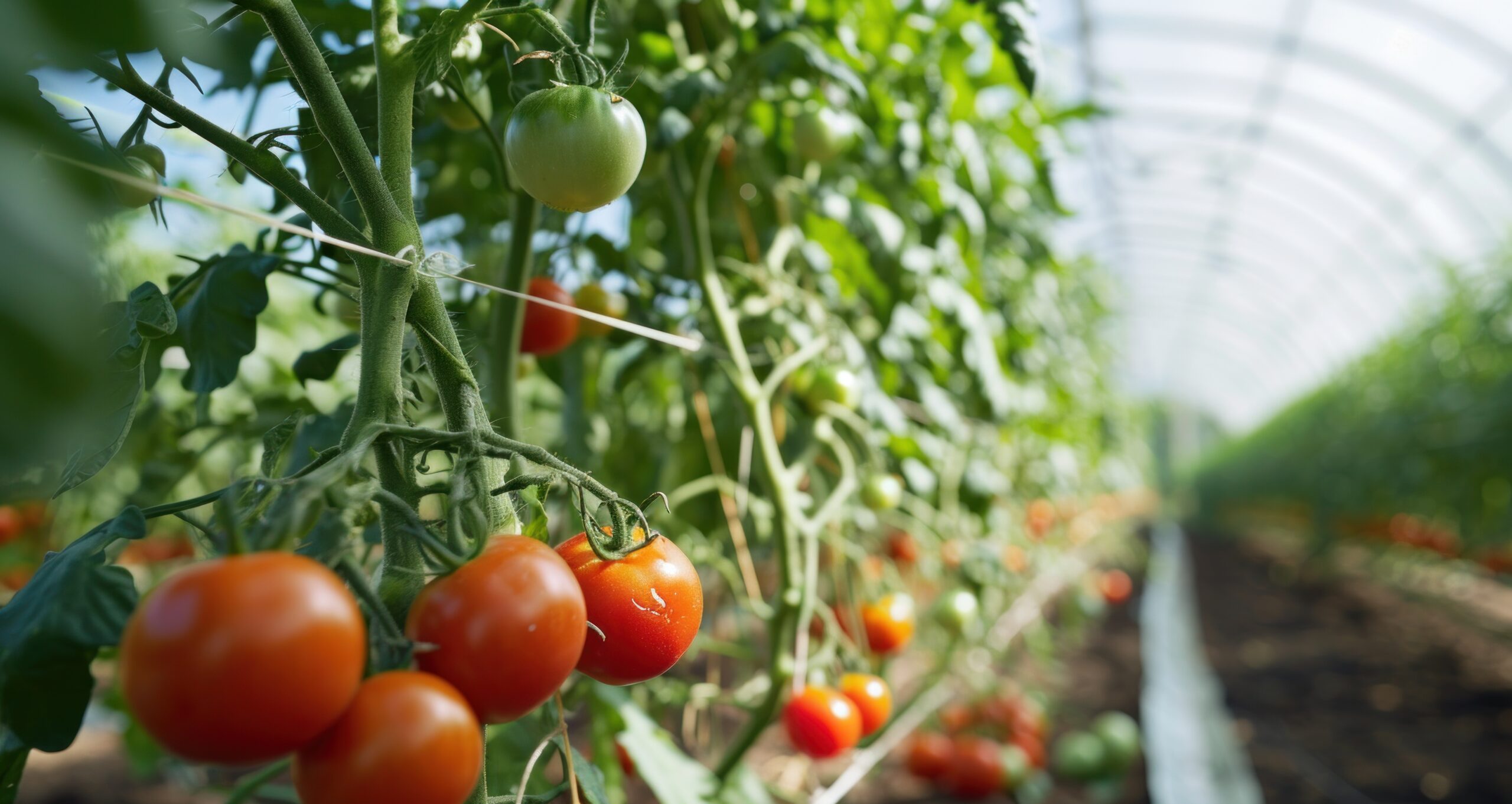 Rows of tomato plants in a greenhouse, with no people