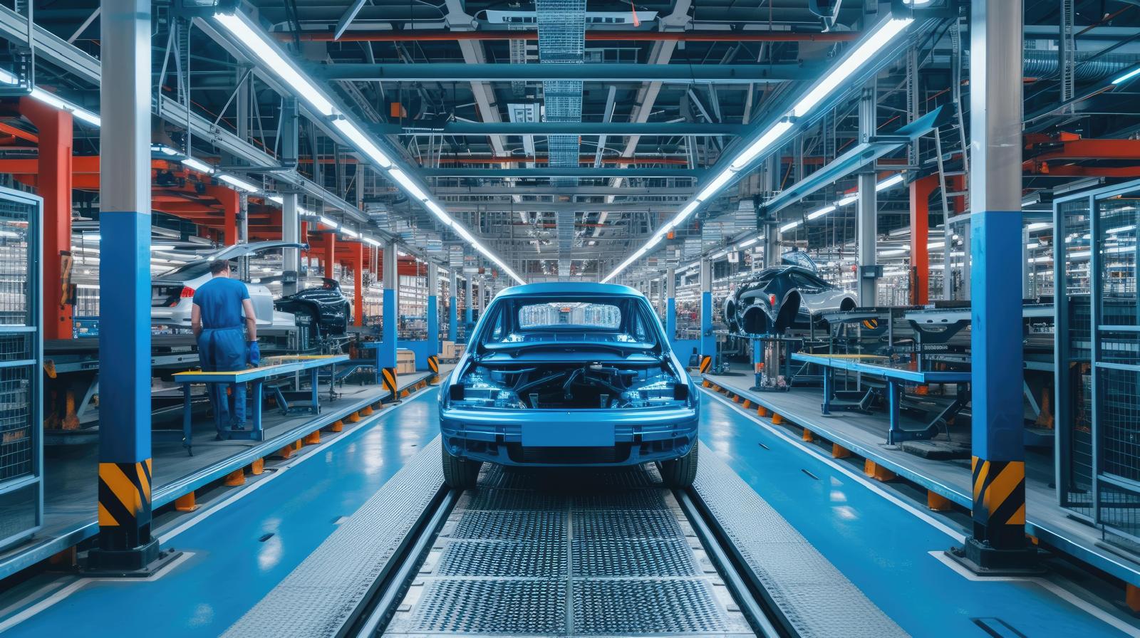 Vehicle assembly line with workers seen from behind
