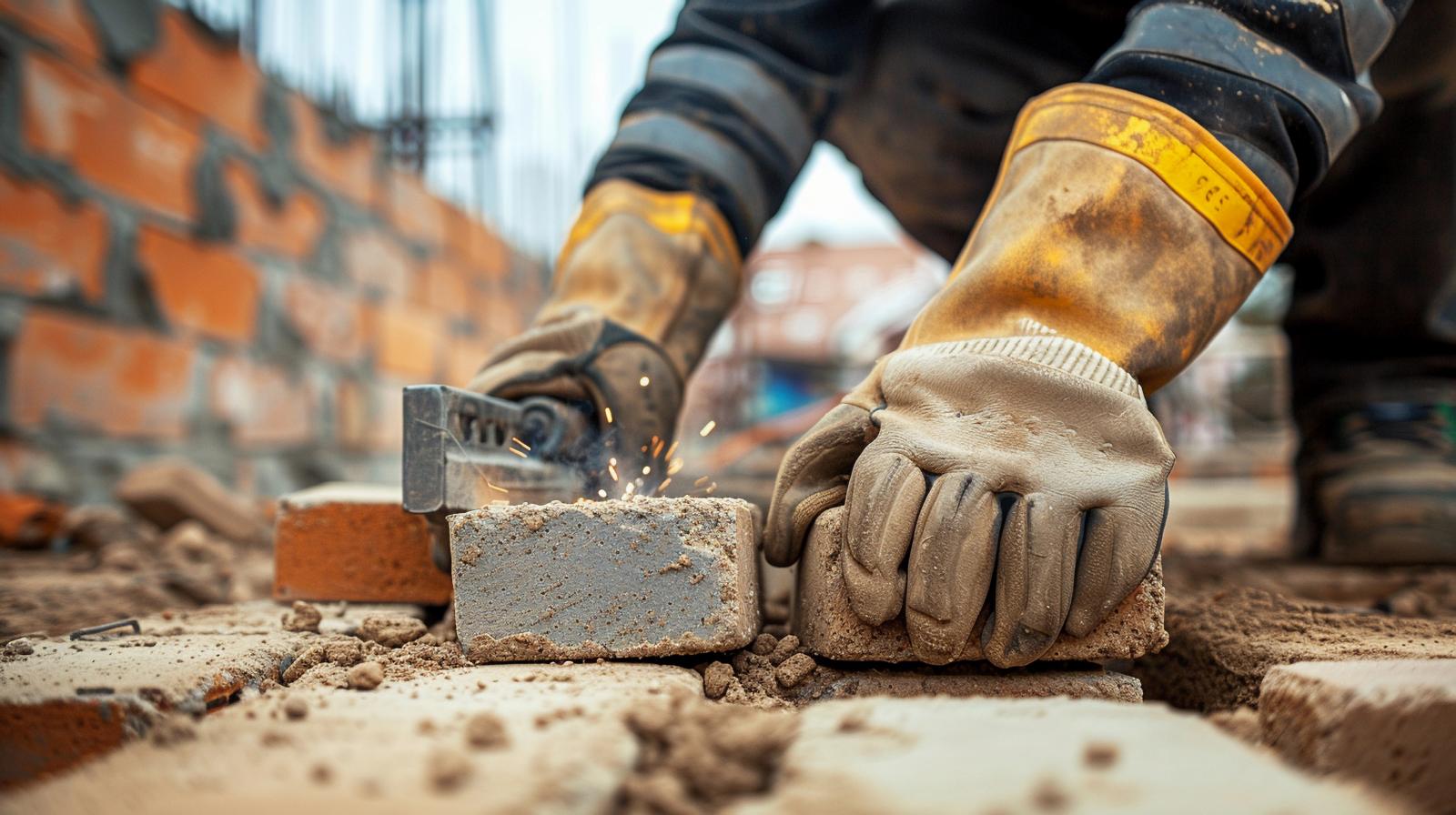 Gloved hands laying bricks on a construction site