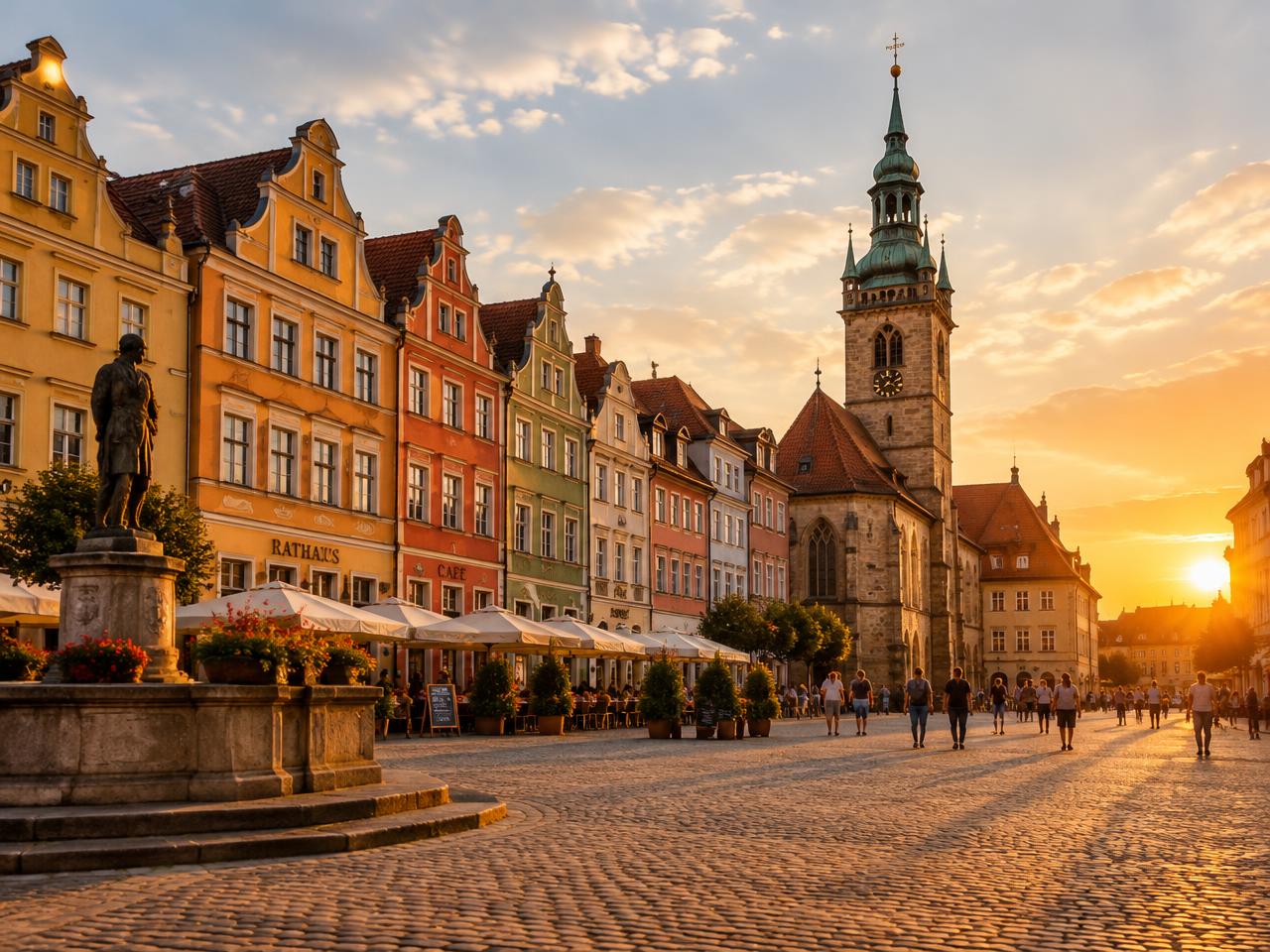 Historic European old town square at golden hour
